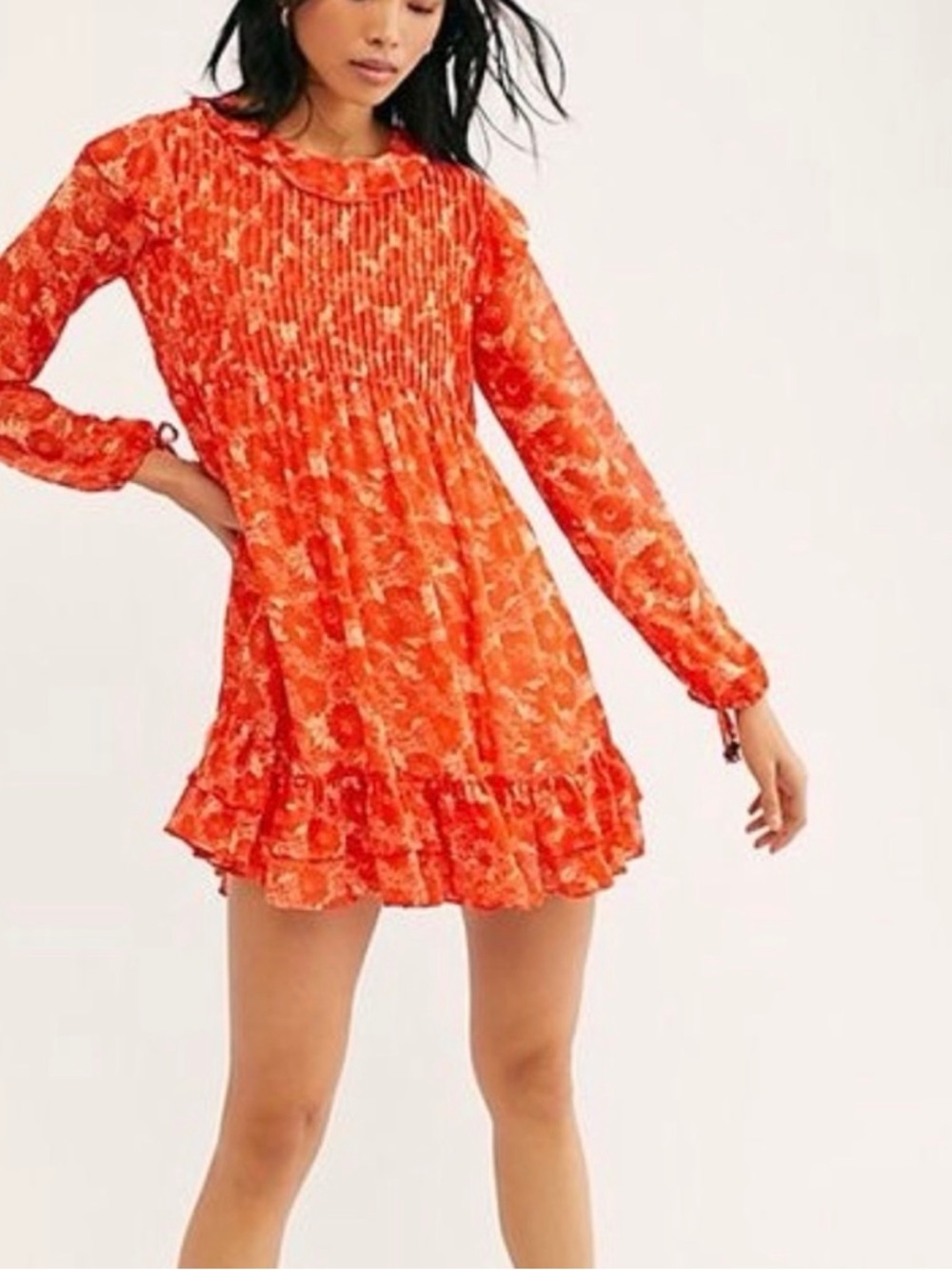EUC Free People Orange Floral These Dreams Babydoll Mini Dress